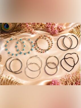 7pc Assorted Boho Glam Hoop Earrings ~Mixed Sizes~ Beaded, Crystal, Zebra, Wire